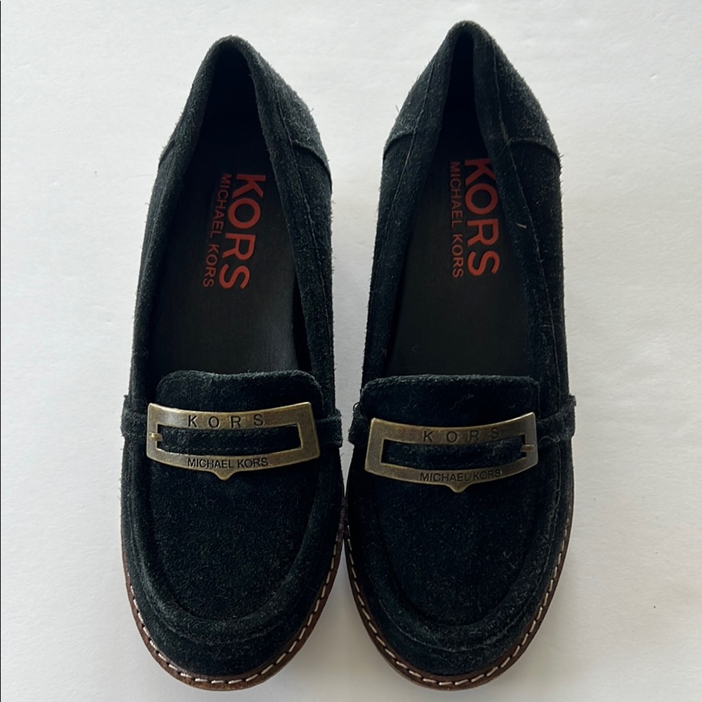Michael Kors Black Suede Loafers with buckle logo